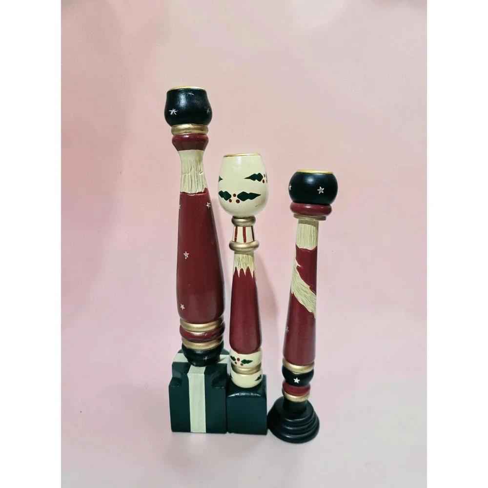 Set of 3 HOUSE OF LLOYD Christmas Around The World Wooden Candlestick Holders